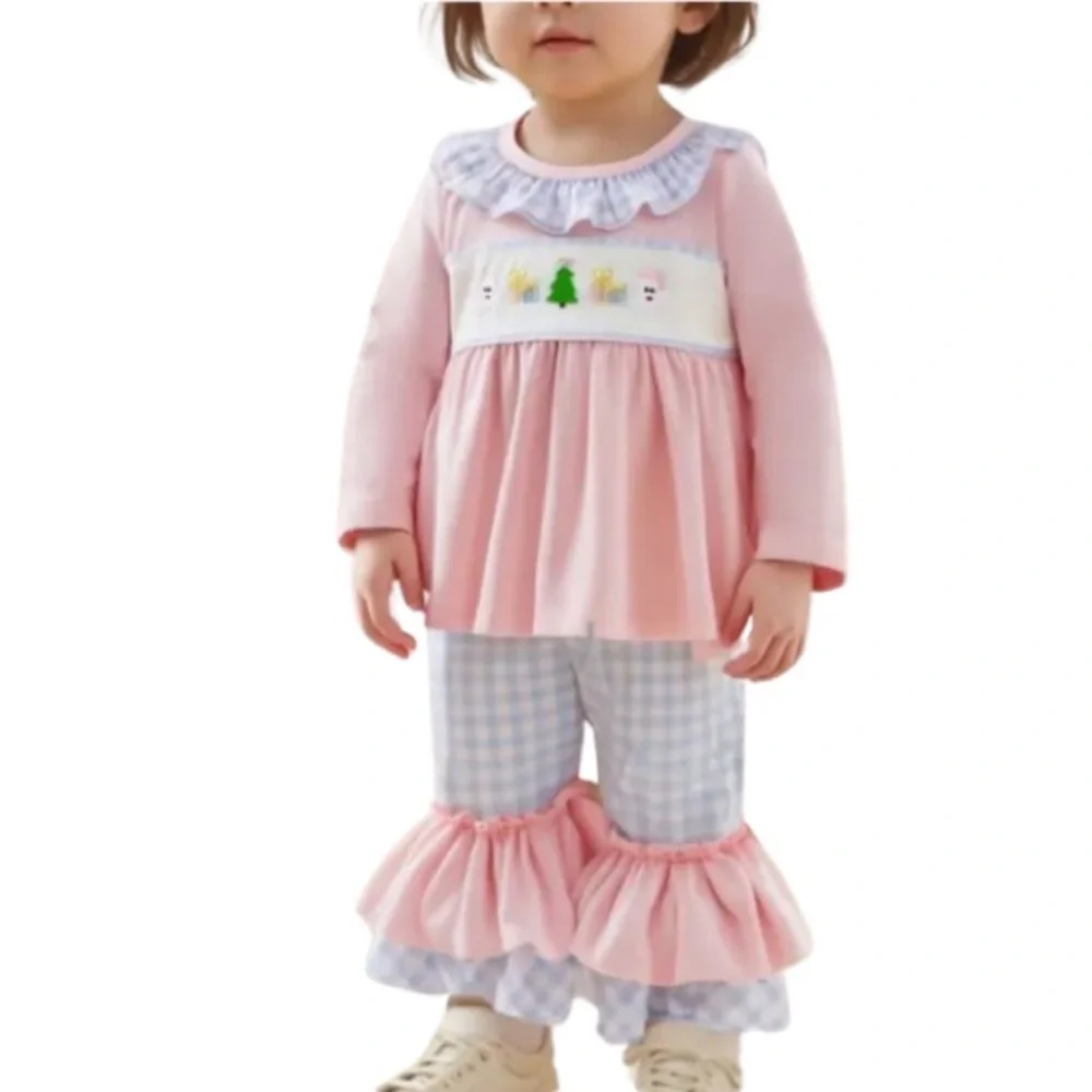 Ruffle Gingham Embroidered Christmas Outfit 6-12 Months Girls